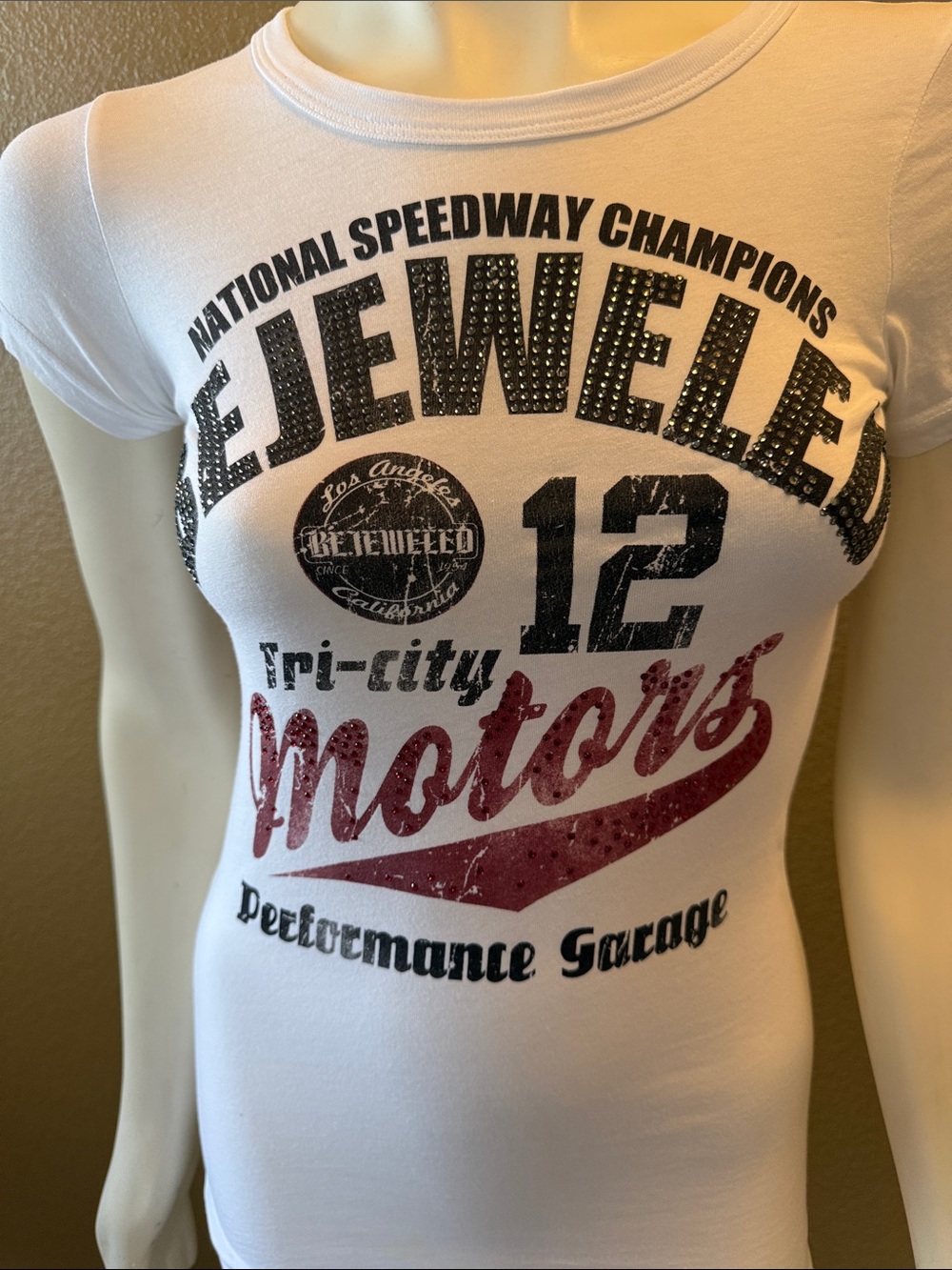 Rejewelled White Graphic Tee - Women's Motors Print